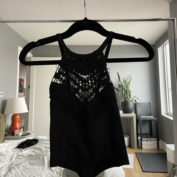 Black Boho Part Crocheted LF, Coachella Festival Crop Top - Picture 2 of 6